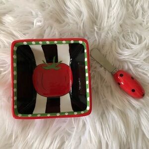 Blue Tulip Hand Painted Tomato Dish & Knife Red